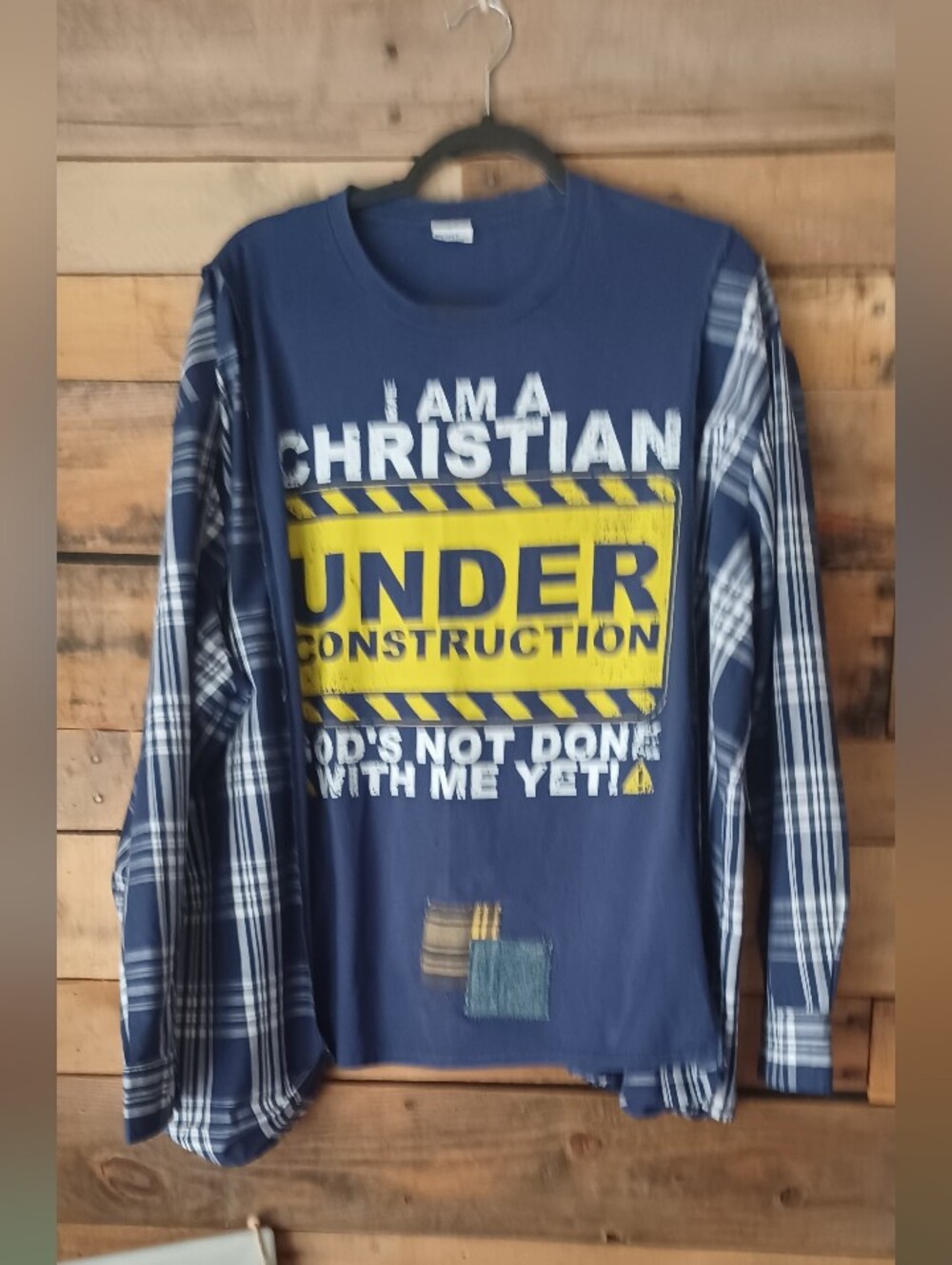 Upcycled Christian "Under Construction" Graphic Long Sleeve Tee - Navy & Yellow